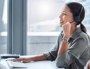 Customer service, telemarketing and female call center agent working on online consultation. Communication, technology and professional saleswoman planning crm with headset and computer in the office