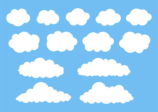 White cloud shape on blue sky set, weather icon. Simple flat style of different clouds. Graphic element collection for web and print. Vector