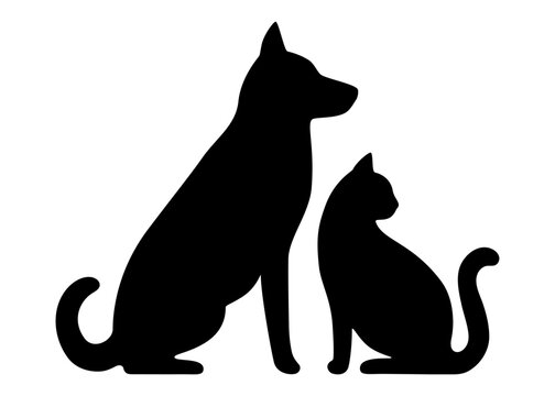 Dog and cat black profile silhouette. Pets sit together, side view isolated on white background. Design for veterinary clinic, shop, animal business. Vector