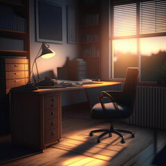 An office, a detective's office in the rays of the setting sun. Generative AI