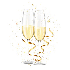 Set of Transparent realistic wine glasses of champagne, isolated on white background.