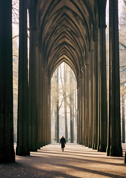 person walking in the park with high pillars