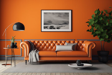 Orange leather sofa in living room with furnishings against two tone walls. Generative AI
