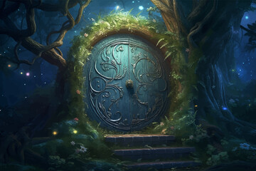 Obraz na płótnie Canvas Magic Wooden door to an alien world. Magic Gate. Fantasy gate. Mysterious Entrance portal. Ancient ruins. Passage to another world. Night landscape. Fantasy Scene in the night forest. 3D illustration