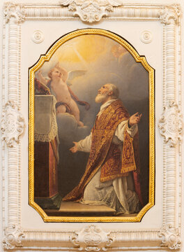 NAPLES, ITALY - APRIL 20, 2023:  The paint of vision of St. Philip Neri in th church Chiesa della Santissima Trinita dei Pellegrini by Paolo Vetri from end of 19. cent.