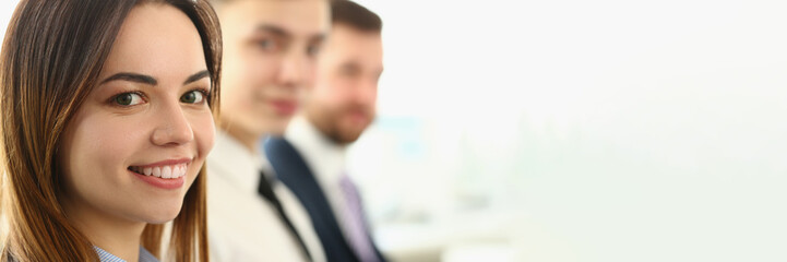 Portrait of young beautiful smiling business people. Students on learning training concept