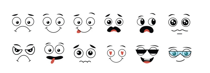 Cartoon faces. Expressive eyes and mouth, smiling, crying and surprised character face expressions. Caricature comic emotions or emoticon doodle. Isolated vector illustration icons set  - obrazy, fototapety, plakaty