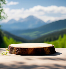 tree stump top with garden blurred background made with generative Ai