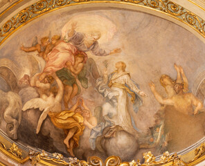 GENOVA, ITALY - MARCH 5, 2023: The fresco Glory of Immaculate Conception in church Basilica di Santa Maria delle Vigne by Lazzaro Tavarone (1612).