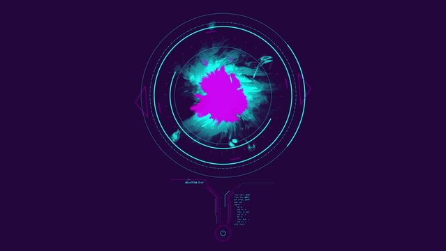 Part of sci-fi interface with measuring circle and scrolling code.