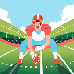 American football players prepare with ball and stance to compete on the field