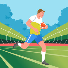 Rugby player man running across the perspective field carrying the ball