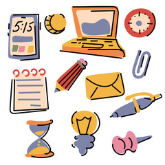 A set of cute little stickers with stylish illustrations. Fashionable cozy elements in the office theme. Perfect for social media posts and postcards. All elements are isolated. Daily planner