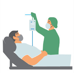 illustration of a doctor giving an infusion bottle to a patient in a hospital