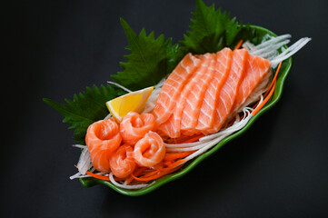 fresh raw salmon fish for cooking food seafood salmon fish, salmon sashimi food salmon fillet japanese menu with shiso perilla leaf lemon herb and spices