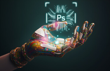 AI humanoid hand holding PS microchip hologram, AI art generator technology concept, Generative AI illustration - obrazy, fototapety, plakaty