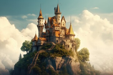 Old fairytale castle on the hill. Fantasy landscape illustration. Generative AI.