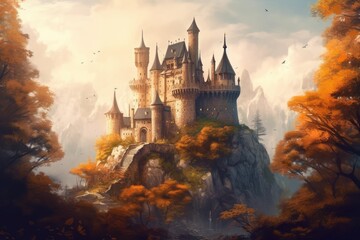 Old fairytale castle on the hill. Fantasy landscape illustration. Generative AI. - obrazy, fototapety, plakaty
