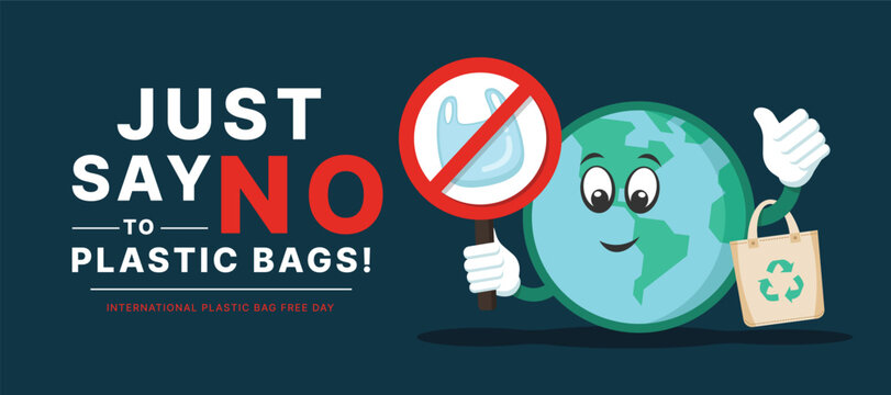 Just say no to plastic bags, International plastic bag free day - Globe world charecter hold circle banner stop plastic bag and hold fabric bag vector design