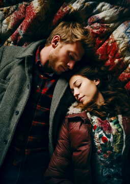 Close up of a couple cudding on a blanket