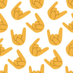 Pattern with Rock n Roll hand sign icon. Cartoon yellow hand with a rock sign on a white background. Printing on textiles and paper. Background for a concert in a simple style. Rock forever