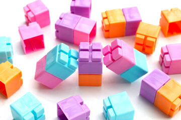 Obraz premium Plastic building blocks isolated on white background. Top view