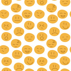 A pattern with emotional yellow circles. Vector smile icon with seamless pattern. Funny vector illustration. Design for fabric, wallpaper or wrapping paper. Ornament for a party on a white background