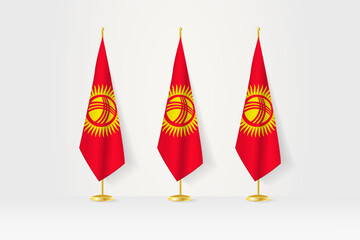 Three Kyrgyzstan flags in a row on a golden stand, illustration of press conference and other meetings.