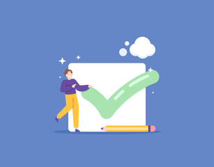 The work or task has been completed. The project has been completed. Everything has been done. a businessman with a tick. Give a check to a box. checkbox. illustration concept design. vector elements