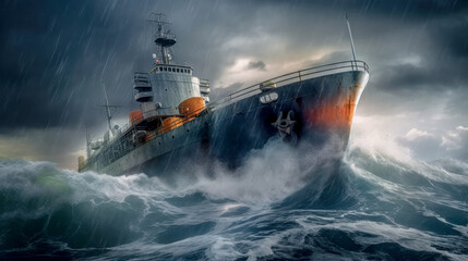 Ship on the high seas in a Hurricane about to Capsize Wallpaper Background Generative AI Digital Art 