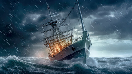 Obraz premium Ship on the high seas in a Hurricane about to Capsize Wallpaper Background Generative AI Digital Art 