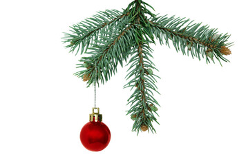 Christmas tree and red toys. Isolated over a transparent background spruce branch and holiday decor for greeting card. Merry Christmas and Happy New Year