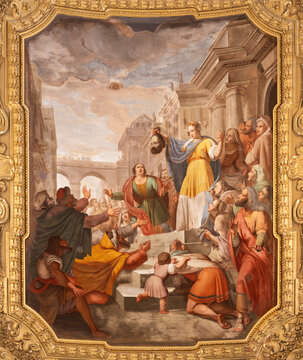 GENOVA, ITALY - MARCH 5, 2023: The painting Triumph of Judith in church Basilica di Santa Maria delle Vigne from 19. cent. by Giuseppe Paganelli, Santino Tagliafichi e Giuseppe Passano.