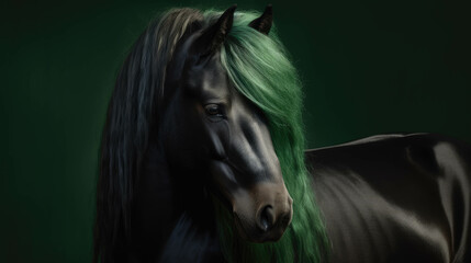 Obraz na płótnie Canvas Portrait of green stallion Horse with long mane. AI