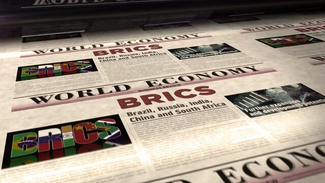 BRICS Brazil Russia India China South Africa economy association daily news newspaper roll printing. Abstract concept retro headlines 3d seamless looped.