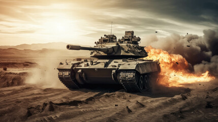 Armored tank crosses a mine field during war invasion epic scene of fire and some in the desert, wide poster design with copy space area.