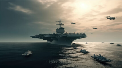 Obraz premium Panoramic view of a generic military aircraft carrier ship with fighter jets take off during a special operation at a warzone, wide poster design.