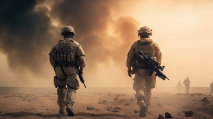 Military special forces soldiers crosses destroyed warzone through fire and smoke in the desert, wide poster design.