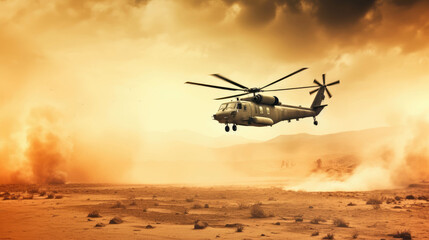 Fototapeta na wymiar Military chopper crosses crosses fire and smoke in the desert, wide poster design.