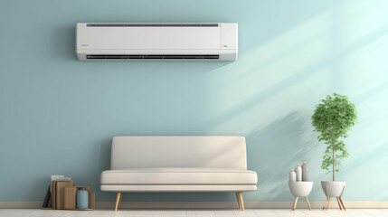 Neric air conditioner purifier or AC controller split unit mockup with modern bright Livingroom background.