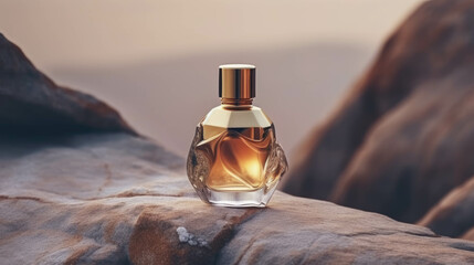 Generic luxury gold perfume mockup glass bottle with golden chrome and marbled glass body with on rock display at golden hour time.