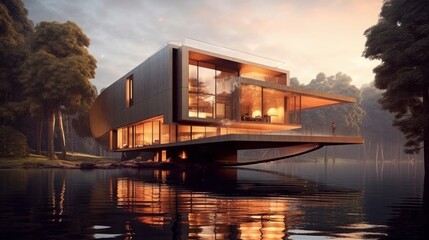 Fototapeta premium Enchanting Gravity-Defying Floating House with Unique Architectural Features. Postprocessing Generative AI.