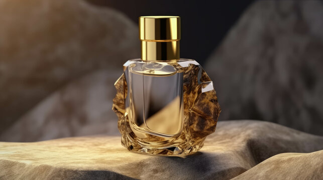Generic luxury gold perfume mockup glass bottle with golden chrome and marbled glass body with on rock display at golden hour time.