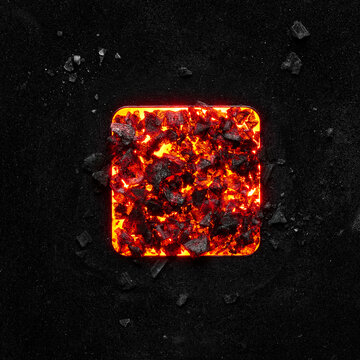 High quality photo image of a glowing stencil in the shape of a square on a black background.