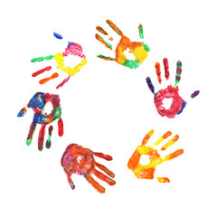 Colored children's handprints arranged in a circle, the concept of support, protection of children. copy space for text