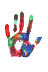 Handprint with multicolored paints isolated on white