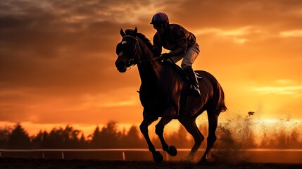  Silhouette of Thoroughbred and Jockey Racing at Sunset