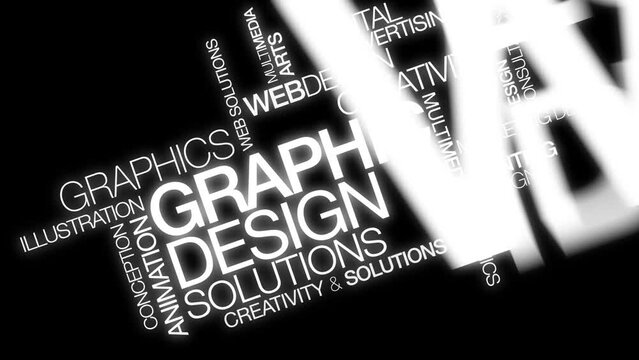 Graphic Design words tag cloud black and white text animation