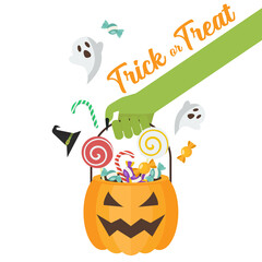  zombie hand holding halloween pumpkin basket
