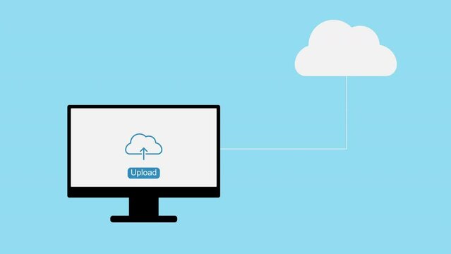 Animated of uploading file to cloud computing with computer screen.